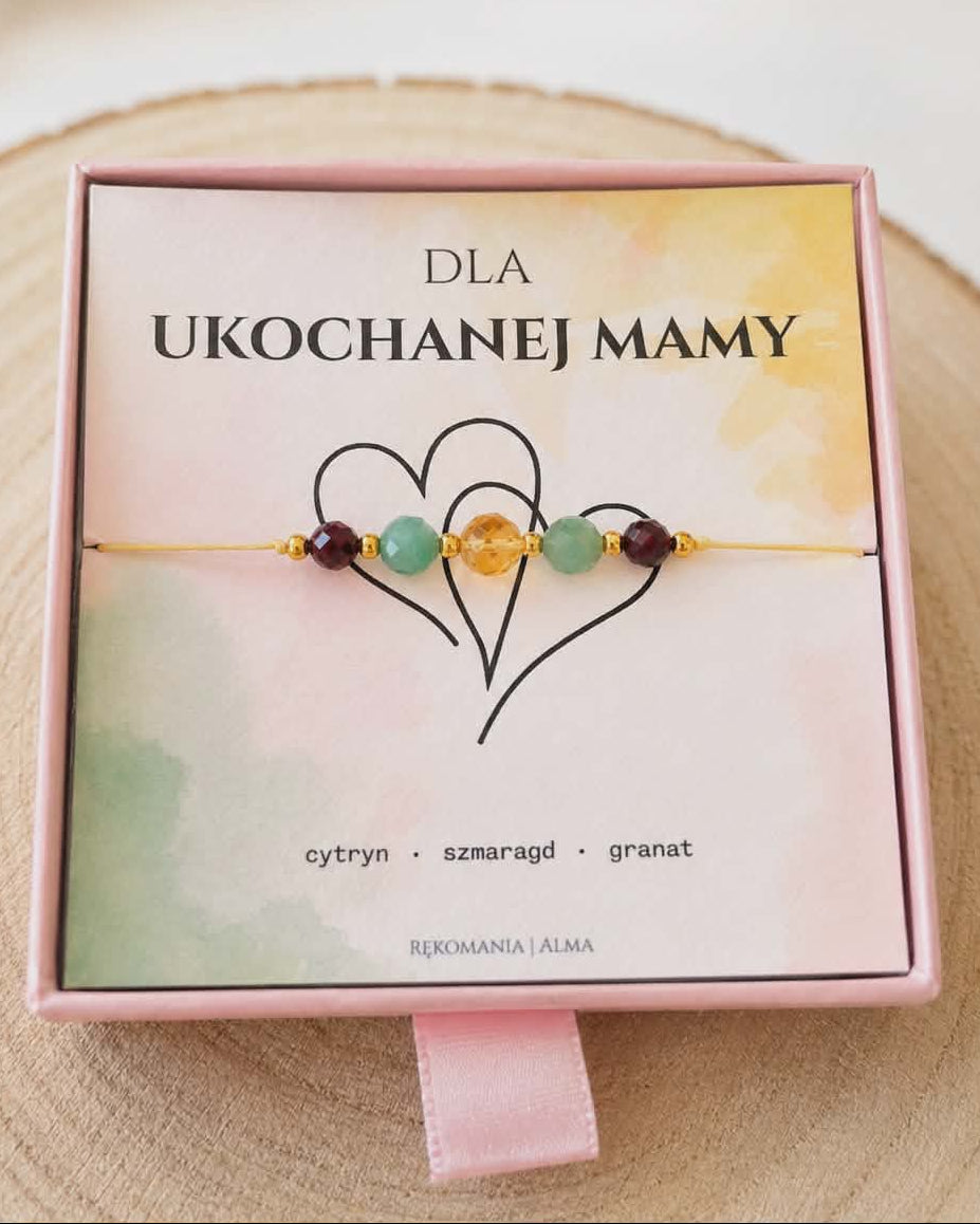 Bransoletka dla Mamy z kamieni naturalnych - cytryn, szmaragd, granat