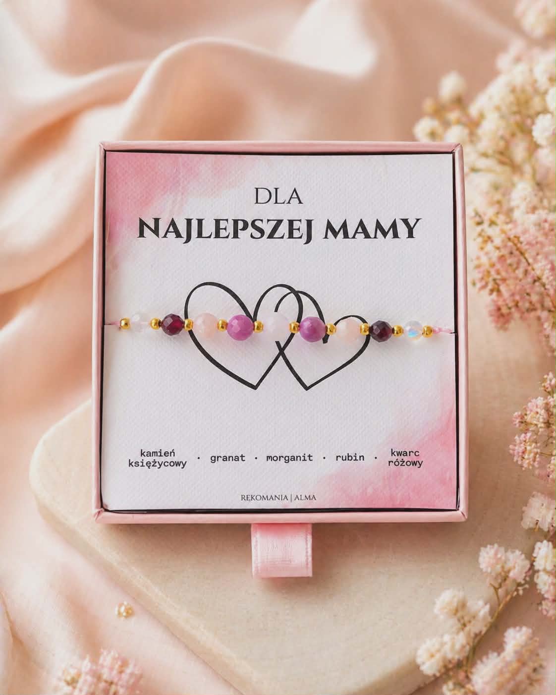 Bransoletka dla Mamy z kamieni naturalnych - kamień księżycowy, morganit, granat, rubin, kwarc różowy