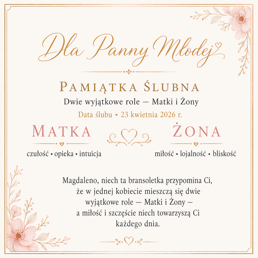 Bransoletka pamiątkowa dla Panny Młodej z dedykacją