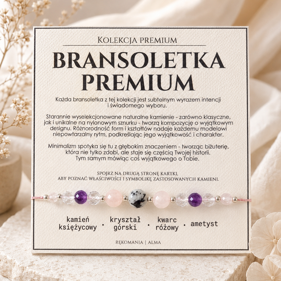 Bransoletka premium - kamień księżycowy, kryształ górski, kwarc różowy i ametyst