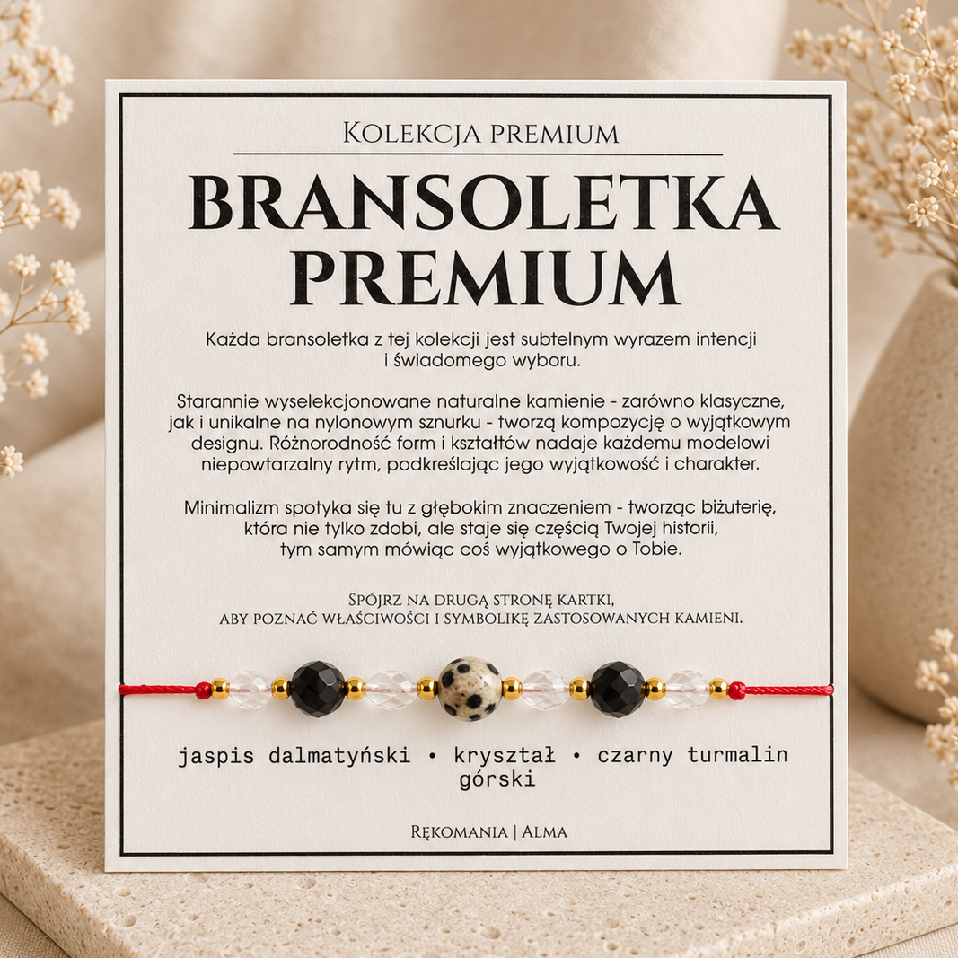 Bransoletka Premium – jaspis dalmatyński, kryształ górski i czarny turmalin