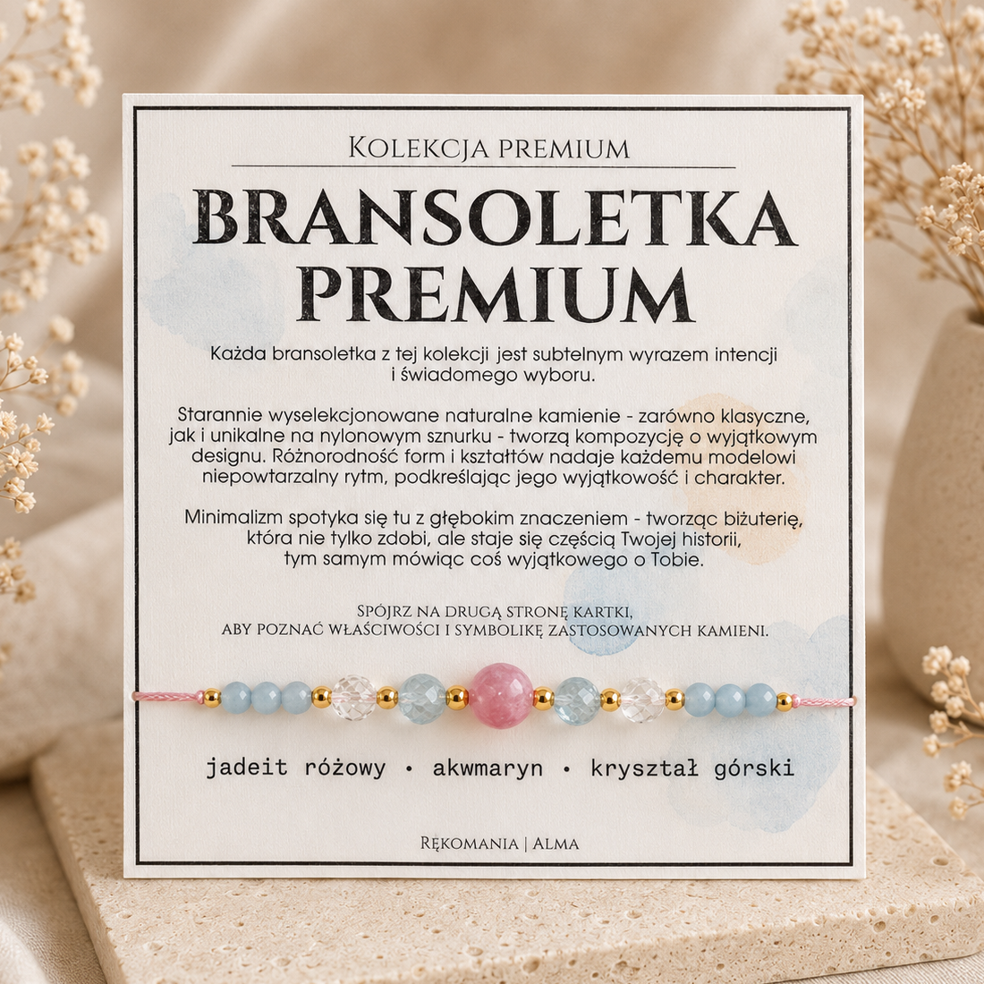 Bransoletka premium - jadeit różowy, akwamaryn i kryształ górski
