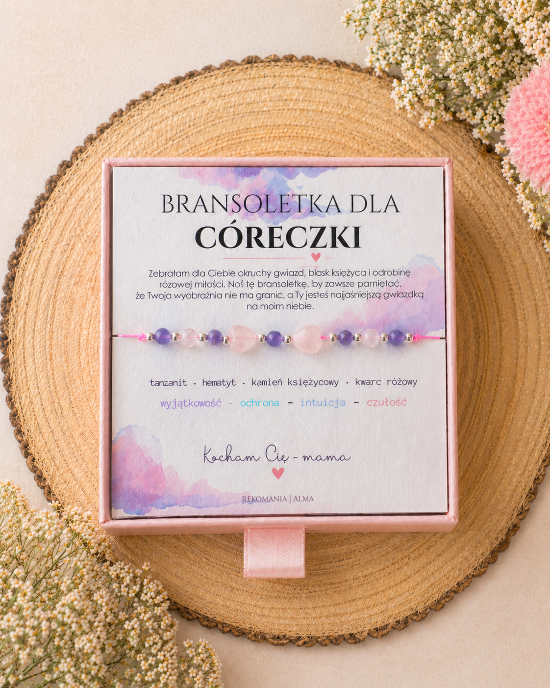 Bransoletka dla Dziecka - tanzanit, hematyt, kamień księżycowy, kwarc różowy
