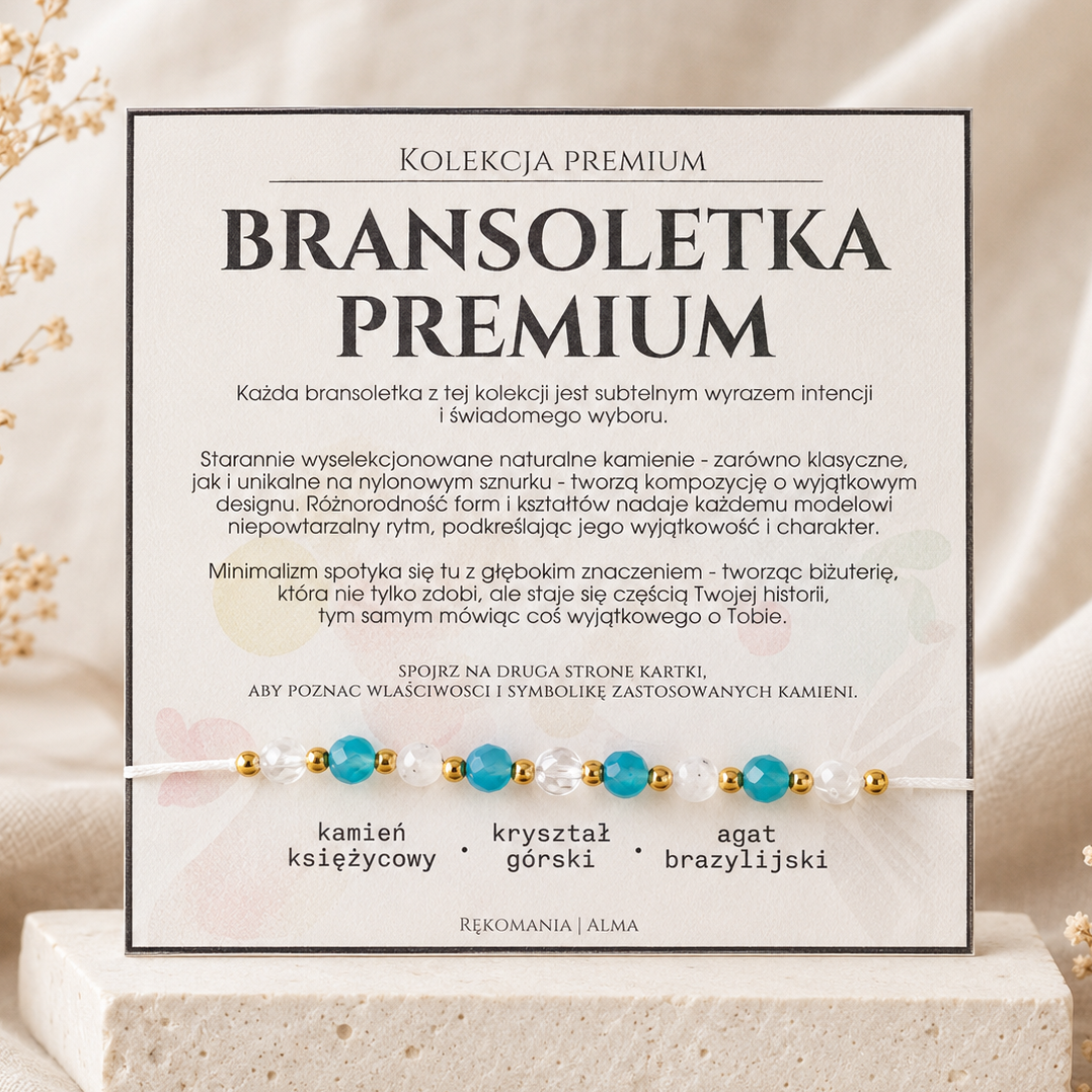 Bransoletka premium - agat brazylijski, kamień księżycowy i kryształ górski