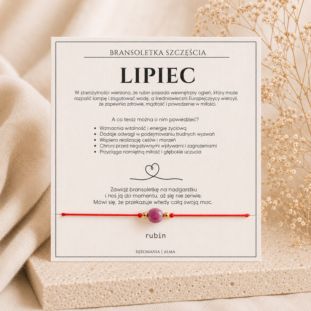Bransoletka szczęścia - lipiec z rubinem